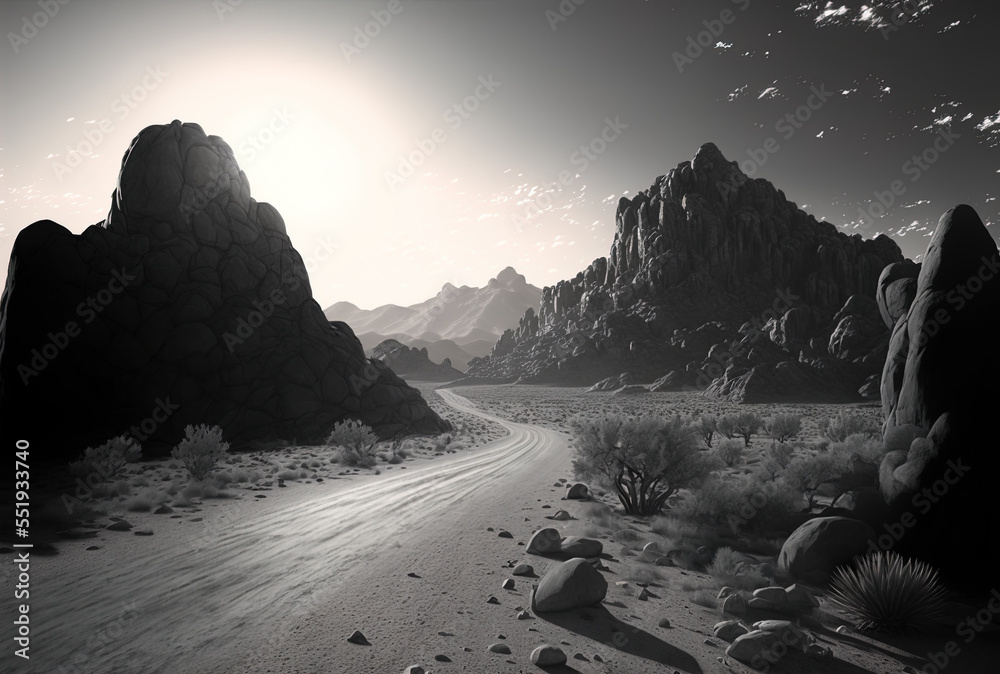 Greyscale image shows a deserted road flanked by rocks during the afternoon sun. Generative AI