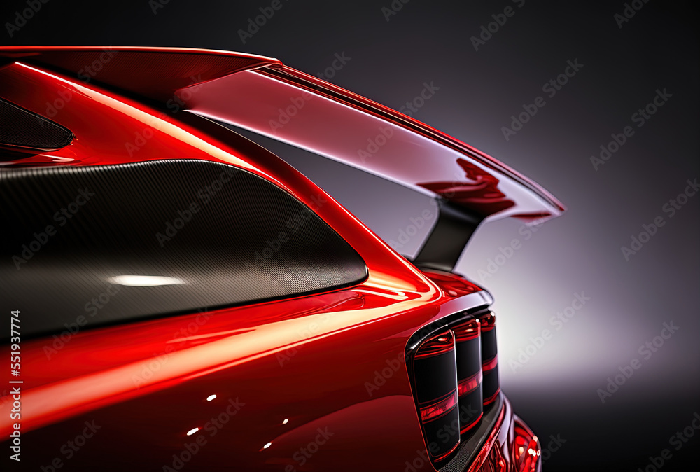 isolated close up of a spoiler on a new sports automobile in the color red. Generative AI