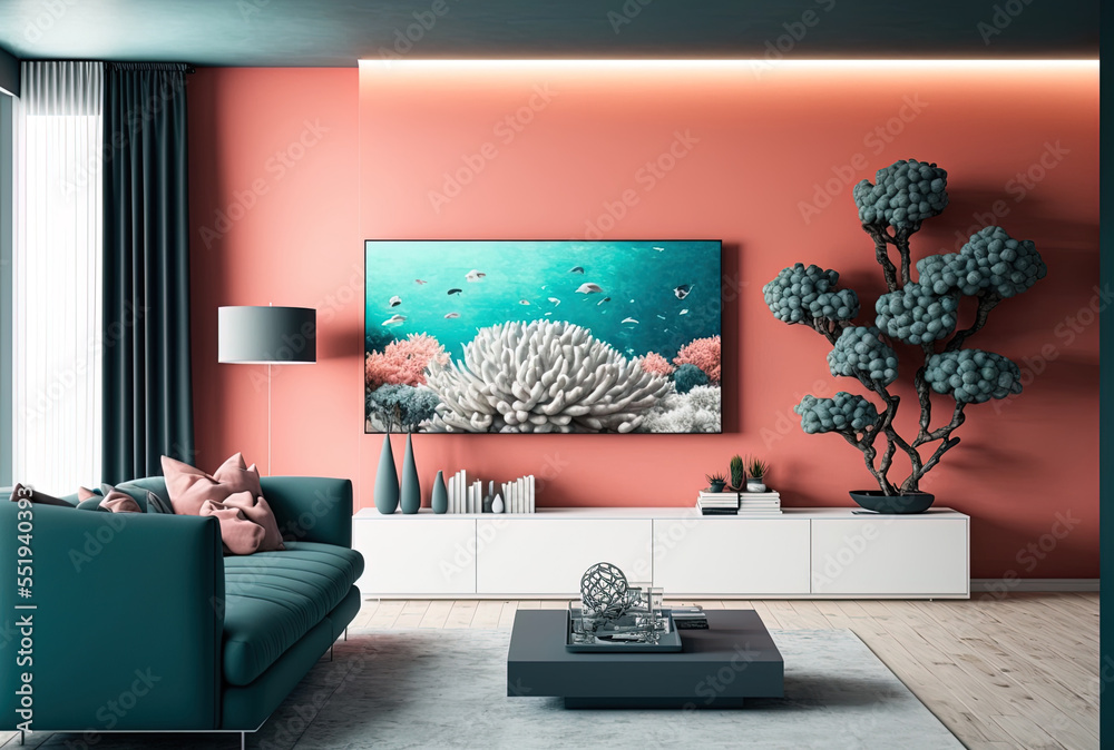 A contemporary living room with a tv cabinet and a soothing coral wall as the background. Generative