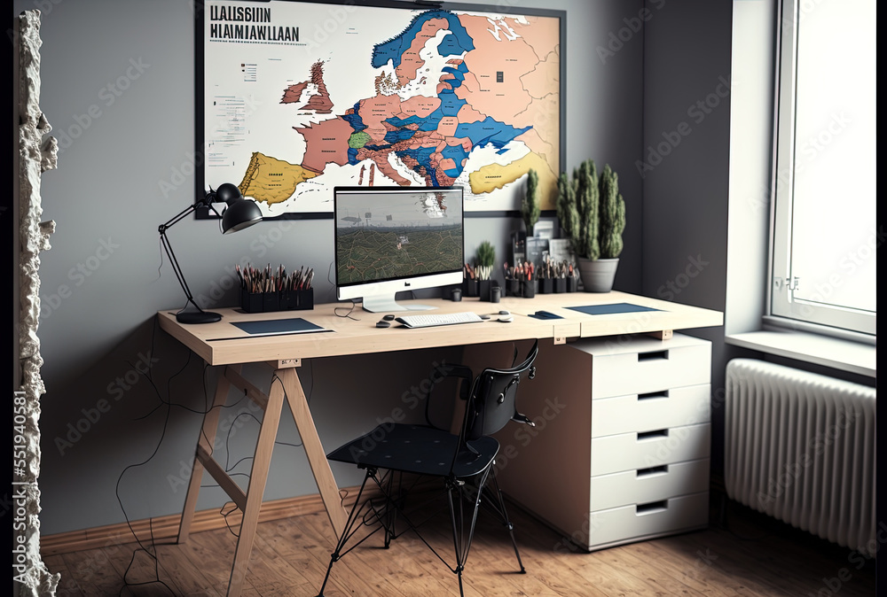 a desk with maps of Poland and Europe. Generative AI