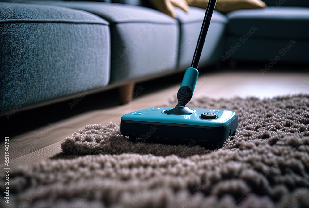 Closeup of electric mop cleaning living room floor near couch. Generative AI