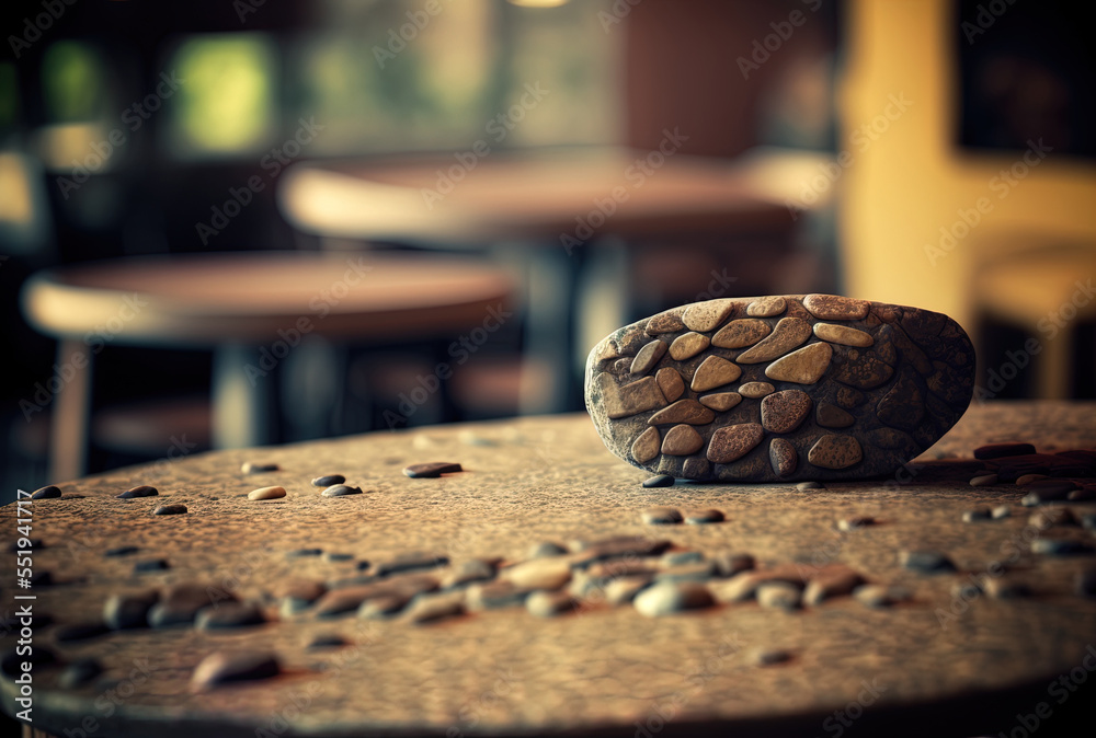 Table made of stone with no one at it and a blurry background. Brown stone in a coffee shop with a p