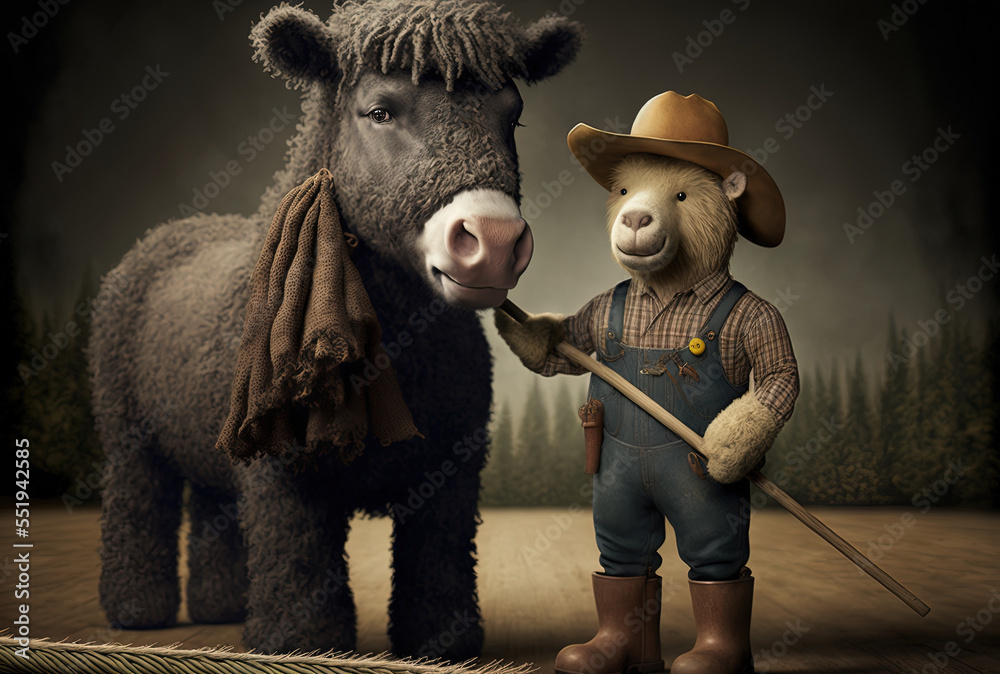 Horse and teddy bear farmer with a pitchfork. Generative AI