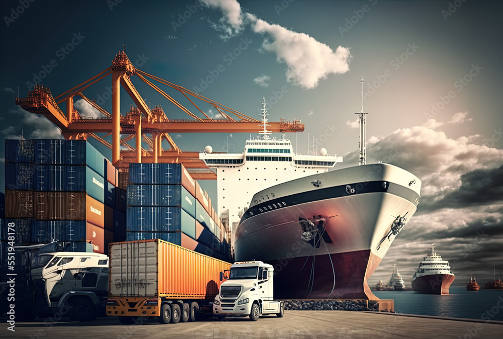 The export and import industrys logistics supply chain or shipping with a factory, warehouse, or pl