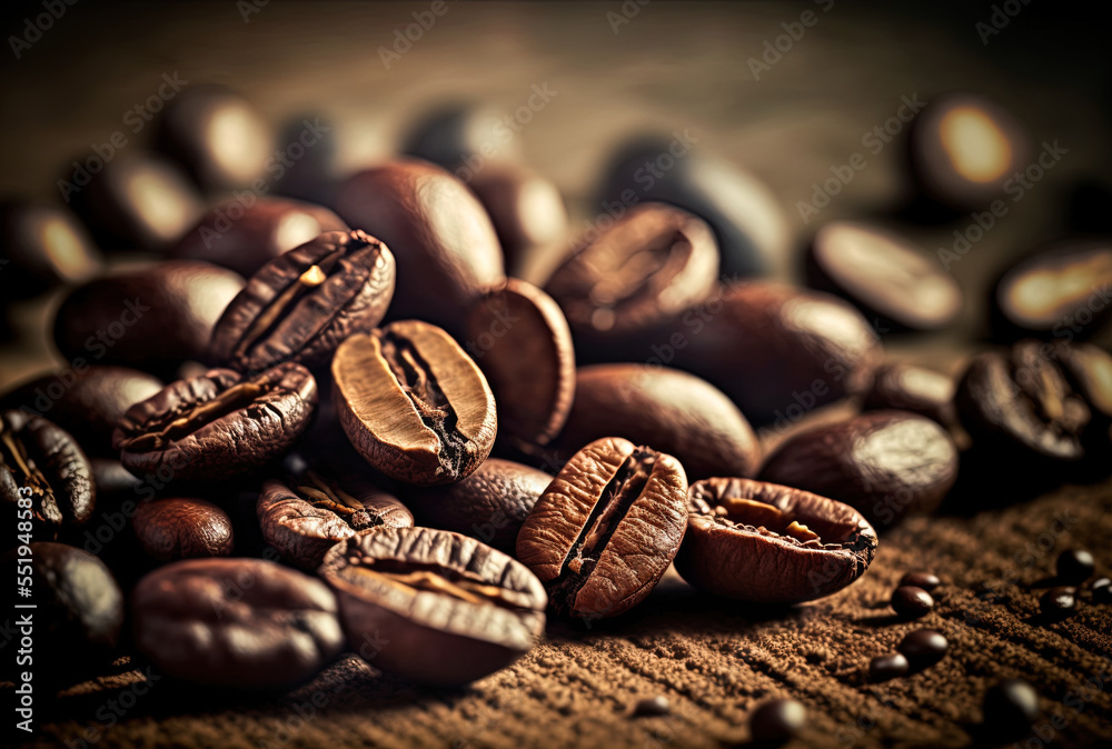 image of roasted coffee beans at close. Generative AI