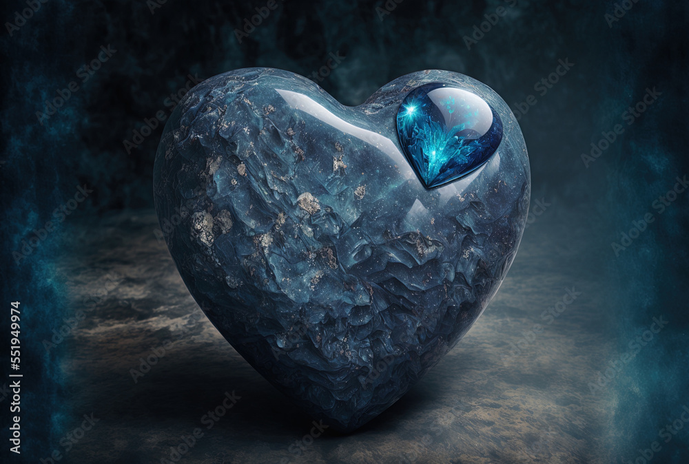 Blue backdrop with a shiny stone heart. Generative AI