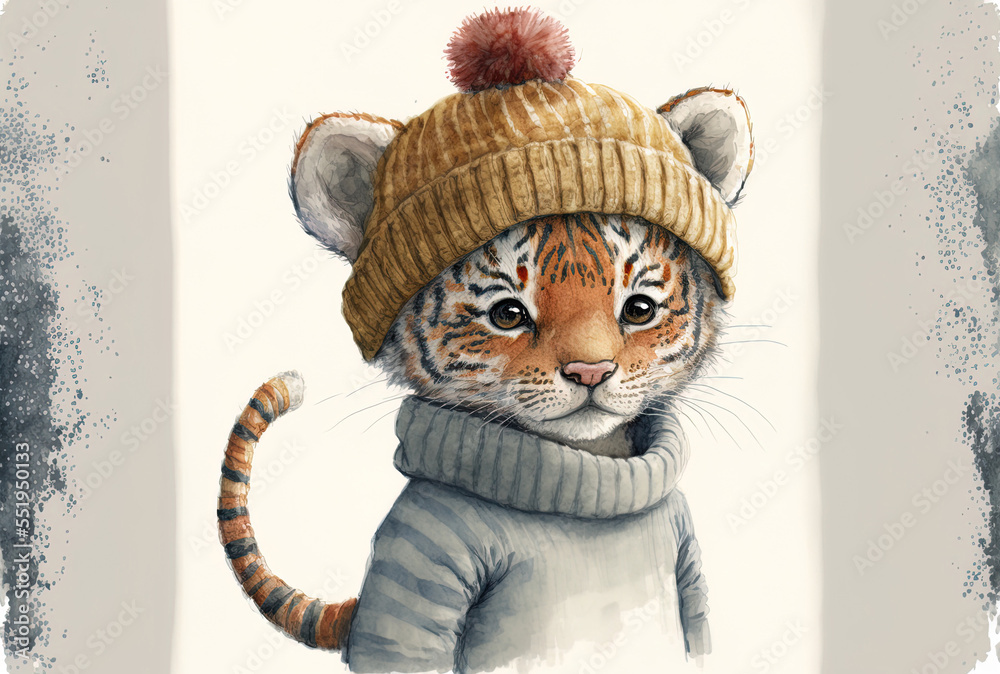 Cartoon tiger cub with a knitted hat, representing the Chinese New Year, in a watercolor painting. G