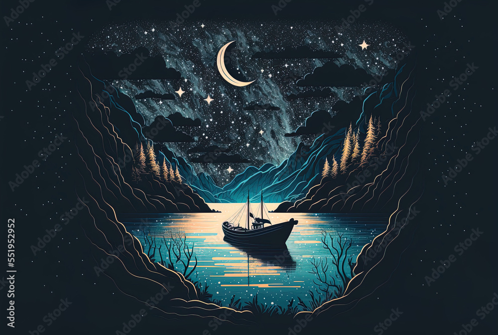 Illustration of an abstract nighttime dream environment with a starry sky, a boat on the sea, and a 