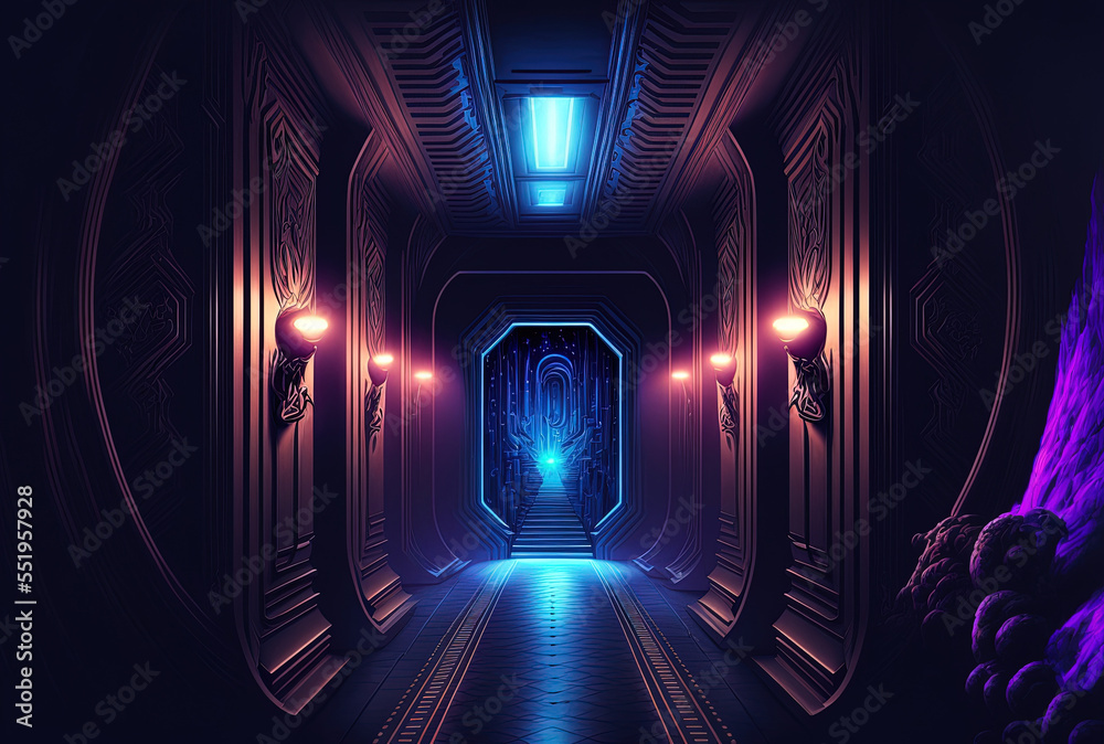 of a spaceships hallway, with its brilliant blue and purple illumination. Science fiction example. 