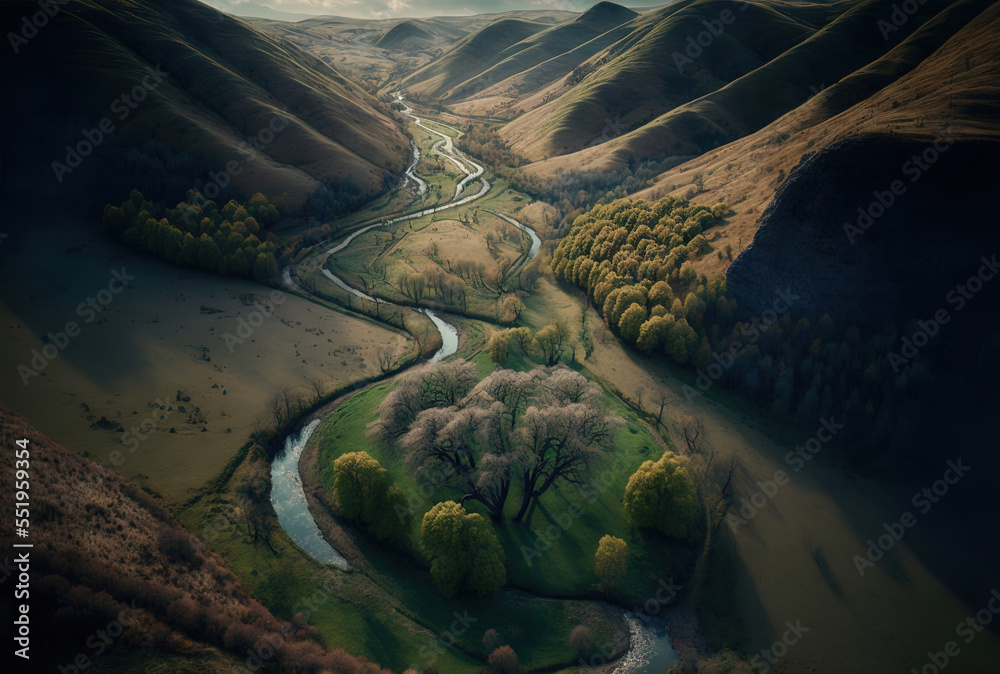 a birds eye view of a valley in Moldovas north. Generative AI