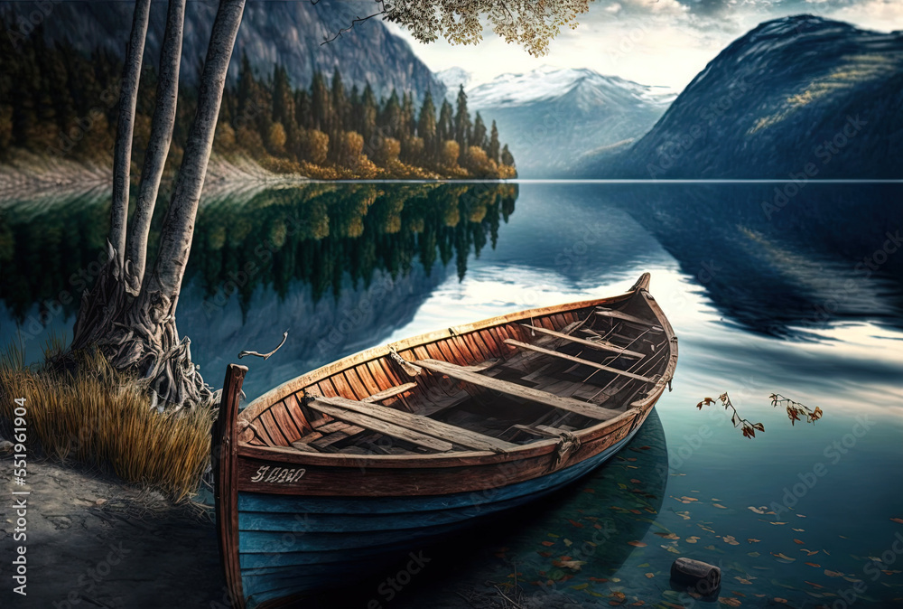 A wooden boat rests on the coast of a huge, gorgeous lake. Generative AI