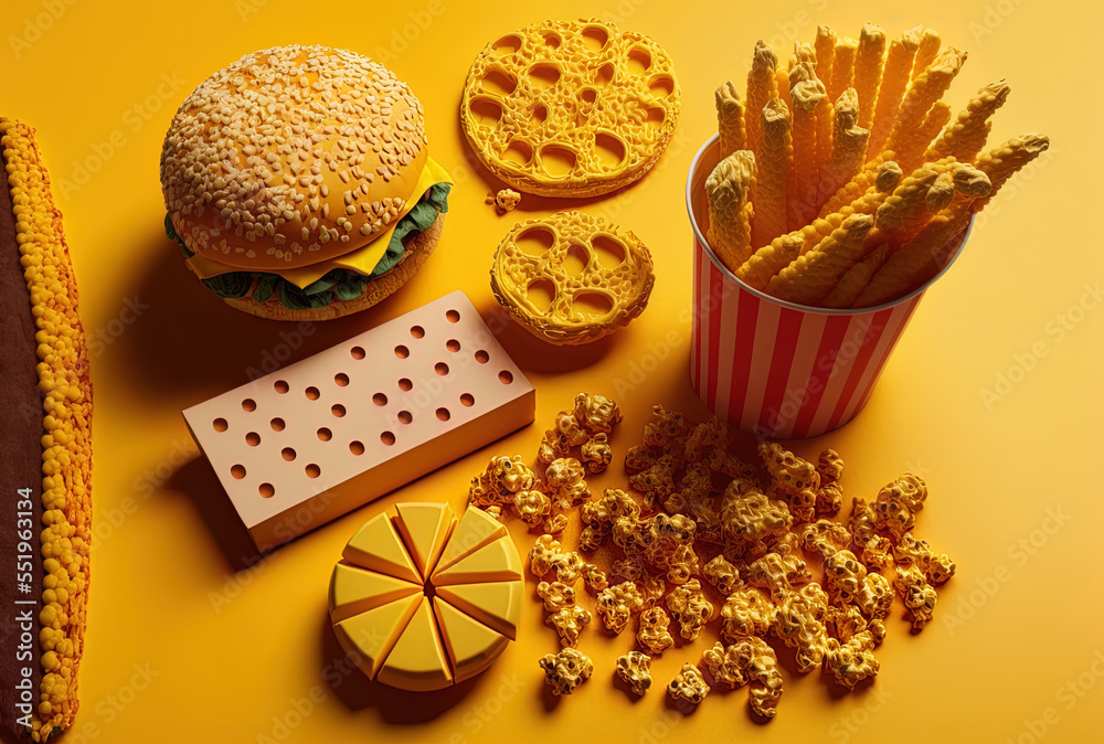 Close up of fast food snacks on a yellow backdrop, representing the concepts of fast food and unheal