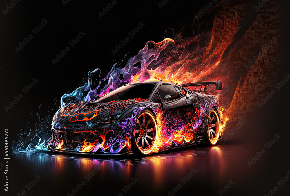 contemporary sport automobile that is generic and unbranded and has fire and smoke. Generative AI