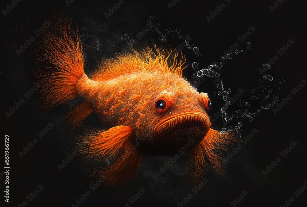 A bright orange hairy monster swims on a black backdrop in this picture. Generative AI