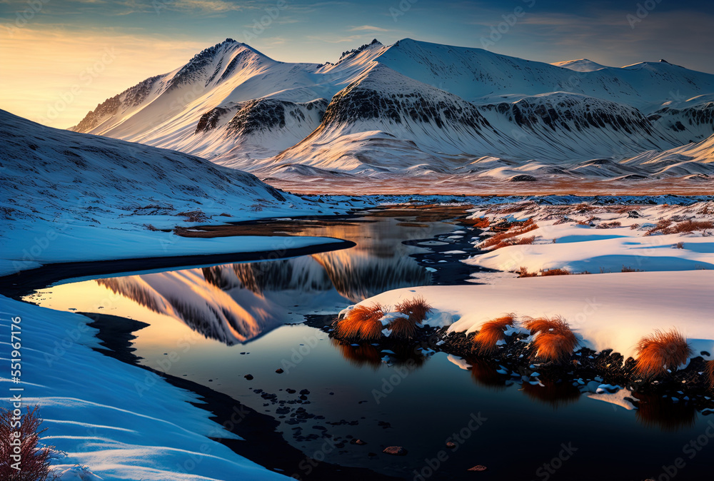 冰原冬季令人惊叹的高山风景，以积雪覆盖的山脉和广阔的地区为特色。