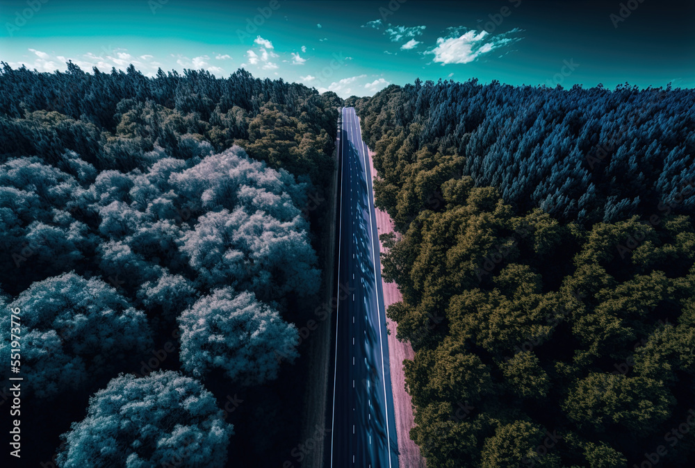 a roadway in the vertical high angle image, surrounded by trees and the sky is blue. Generative AI