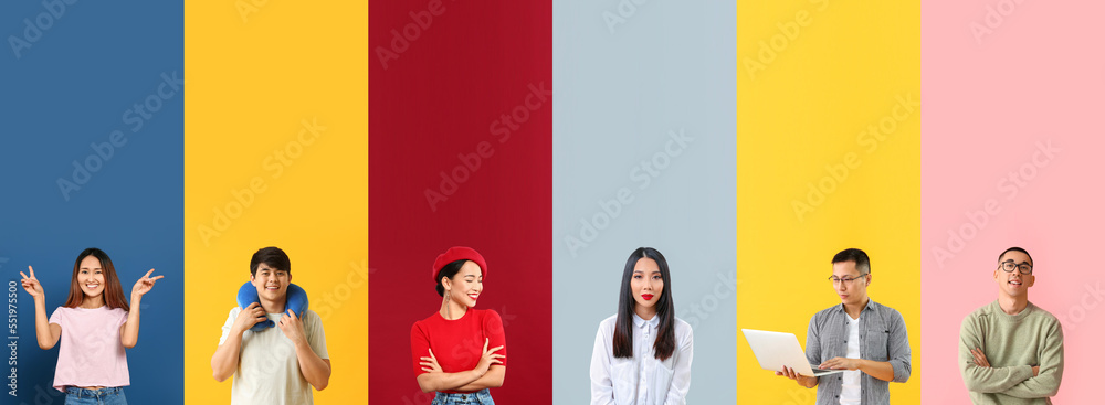 Set of different Asian people on colorful background