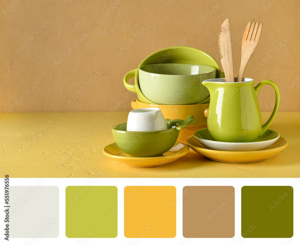 Set of stylish clean tableware on color background. Different color patterns