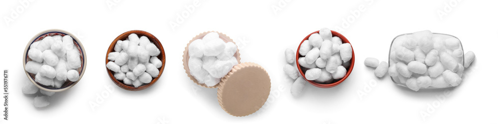 Collage of soft cotton balls in bowls on white background, top view