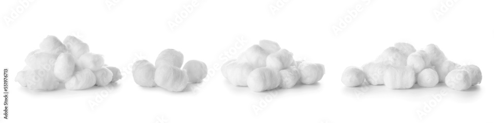 Collage of soft cotton balls on white background