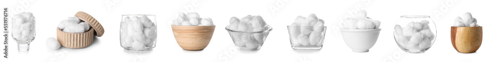 Collage of soft cotton balls in bowls on white background