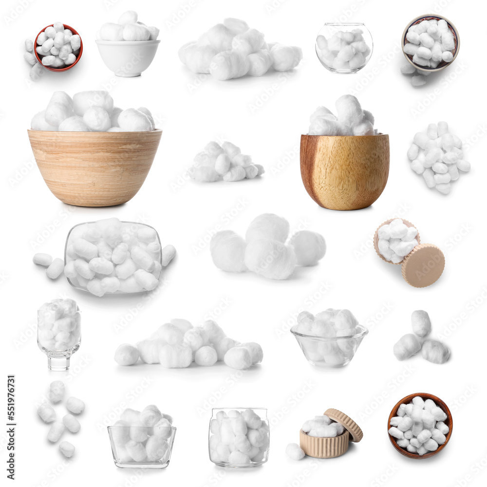 Group of soft cotton balls on white background