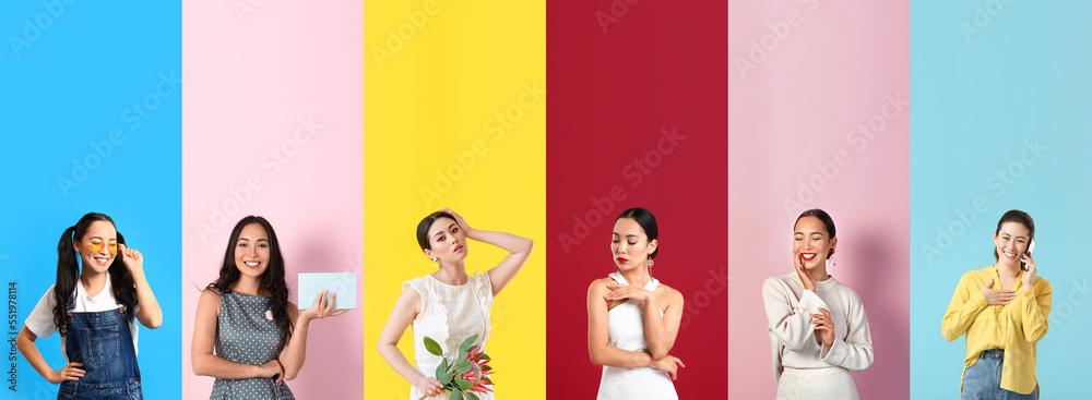 Set of different beautiful Asian women on colorful background