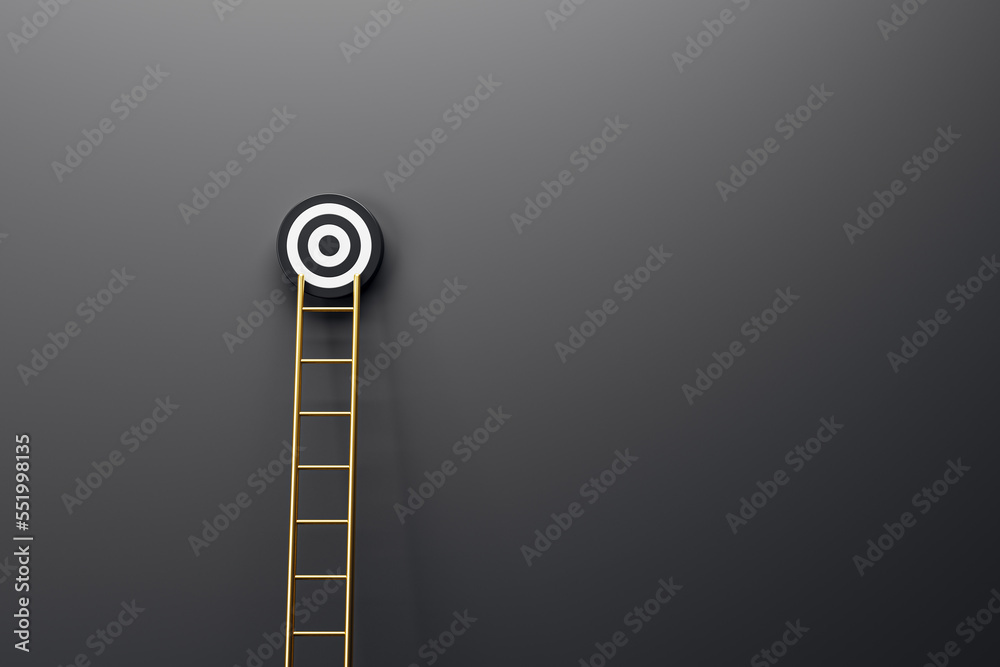 Ladder leading to target on black concrete wall backdrop with mock up place. 3D Rendering.