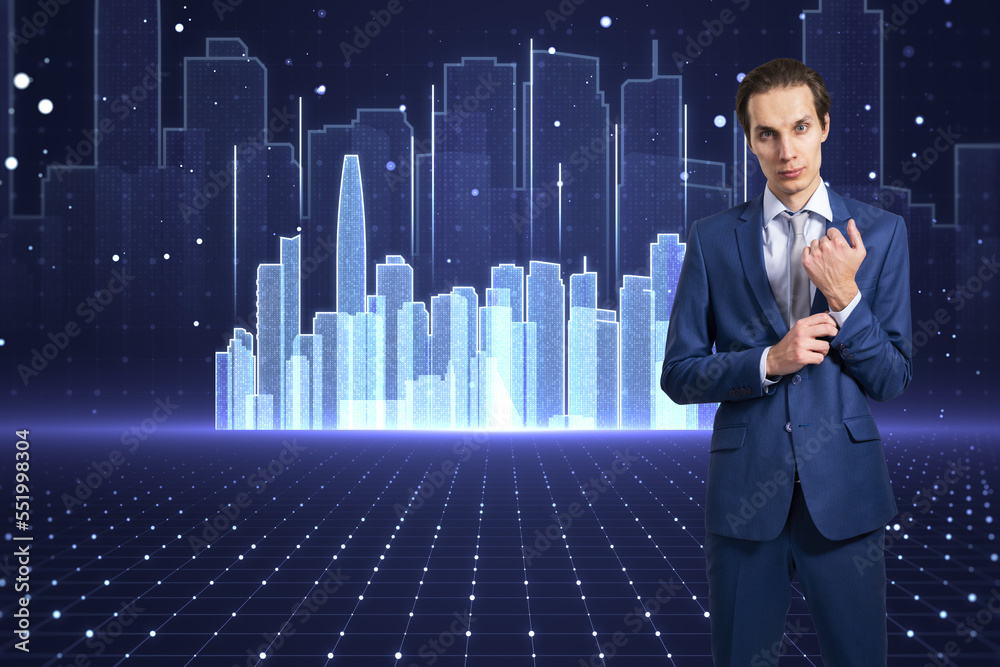 Attractive young european businessman with abstract glowing city skyline hologram on blurry tech bac