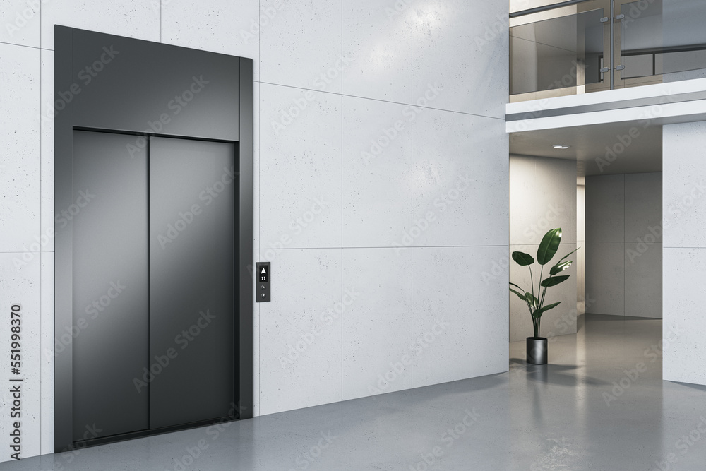 Modern office lobby interior with elevator, decorative plant and concrete flooring. 3D Rendering.