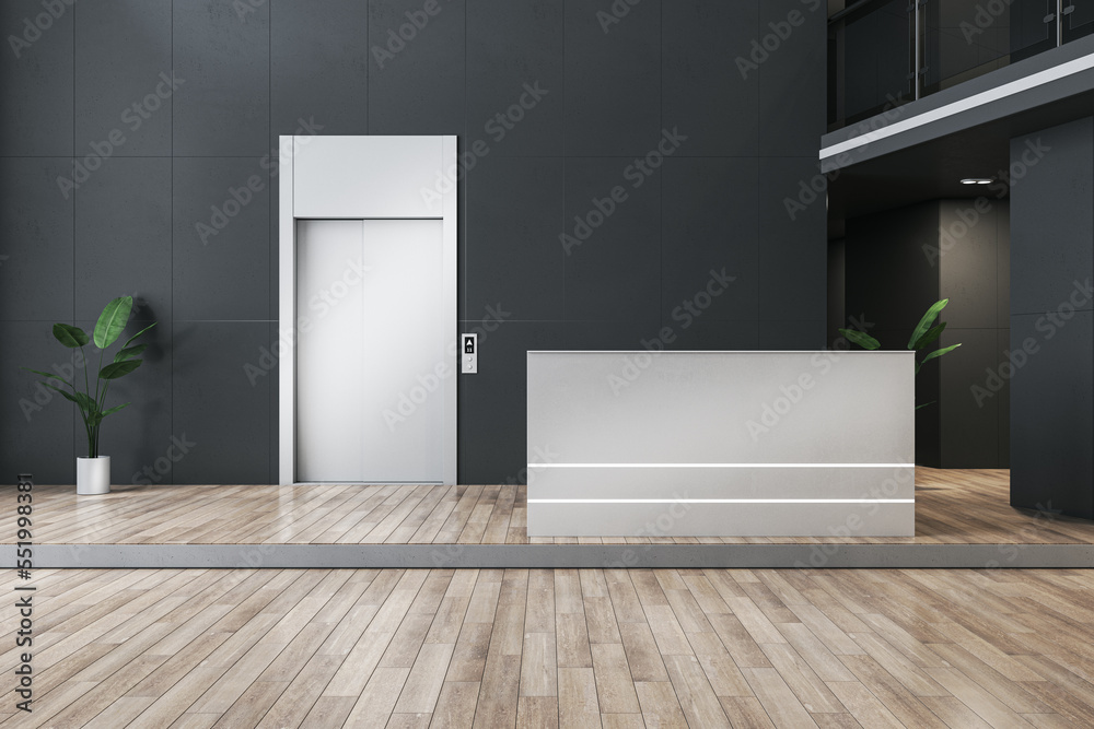 Modern office lobby interior with elevator and reception desk, docorative plant and wooden flooring.