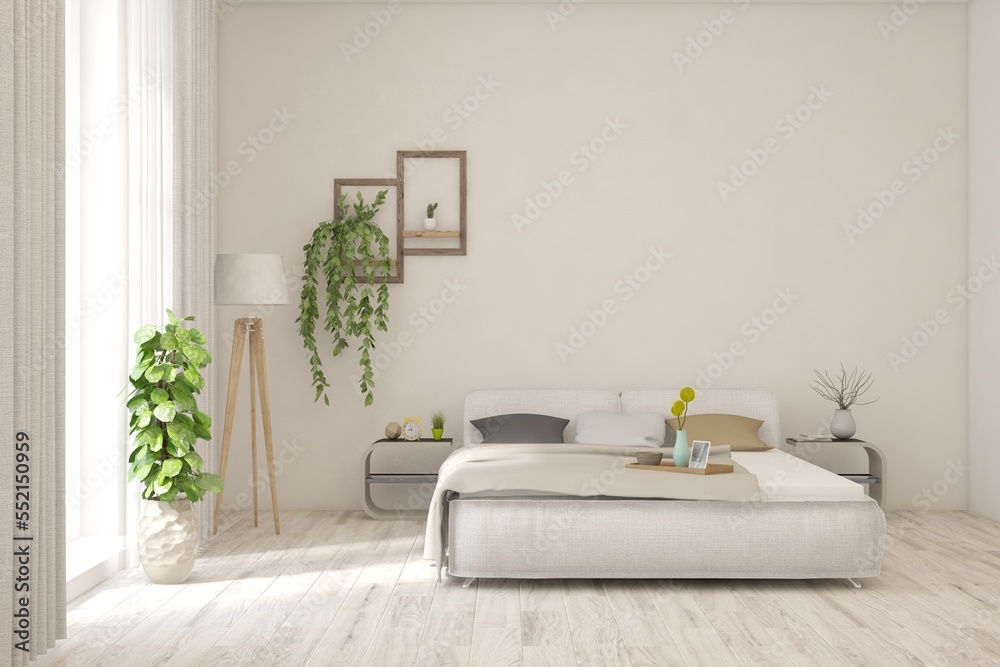 White bedroom interior. Scandinavian design. 3D illustration