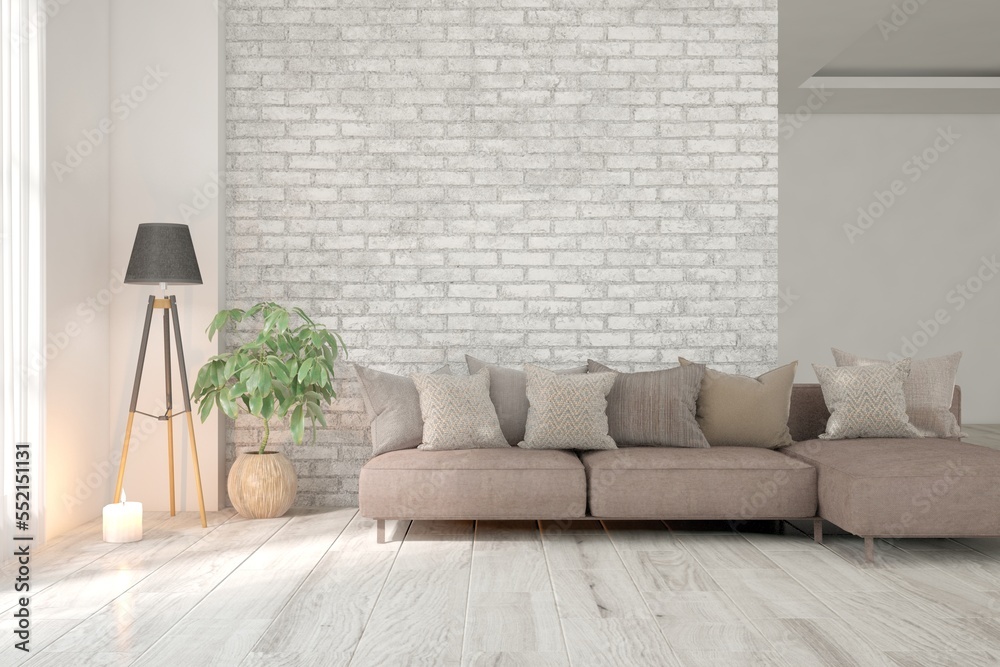 White living room with sofa. Scandinavian interior design. 3D illustration