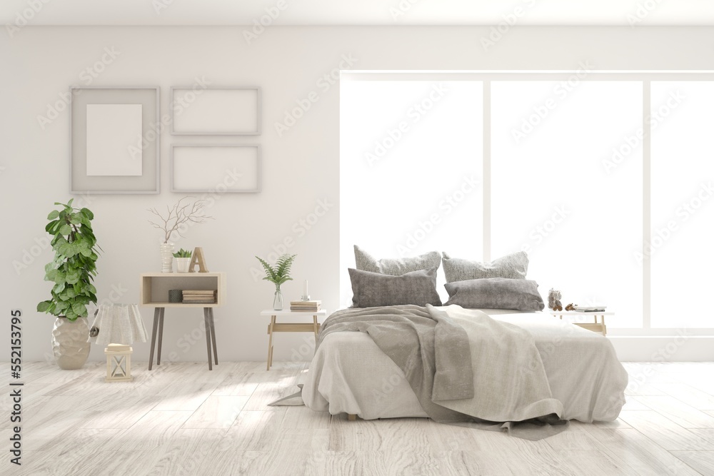 White bedroom interior. Scandinavian design. 3D illustration