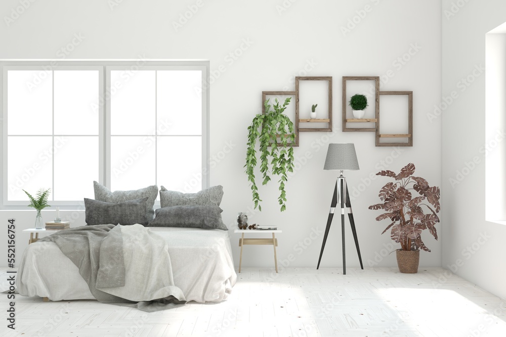 White bedroom interior. Scandinavian design. 3D illustration