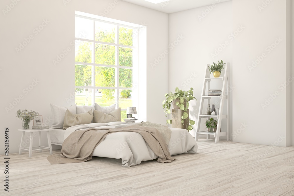 White bedroom interior. Scandinavian design. 3D illustration