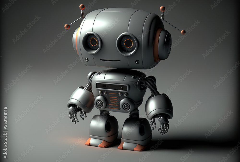 On a gray backdrop, an adorable robot or artificial intelligence features a cartoon figure. Generati