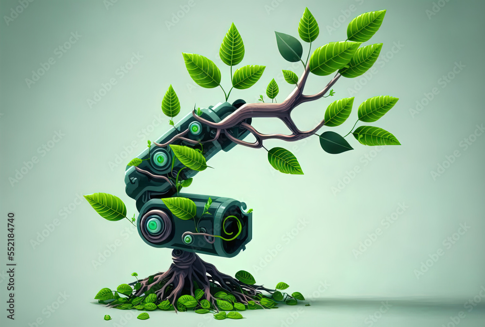 Concept of ecology technology with a robot arm and green foliage. Generative AI