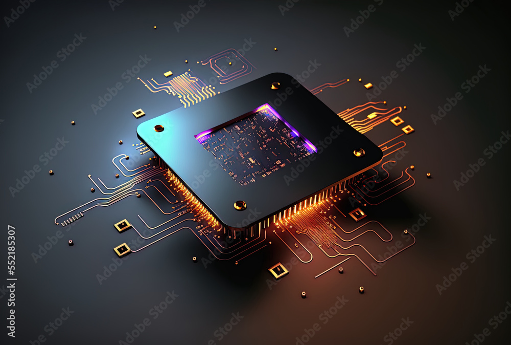 Concept of the metaverse and an abstract glowing chip circuit hologram on a dark background. Generat