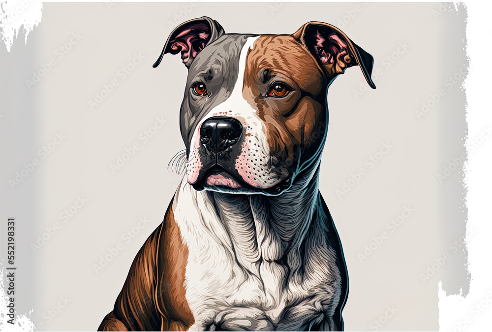 American Staffordshire dog smiling and staring towards the camera. solitary on a white backdrop. Gen