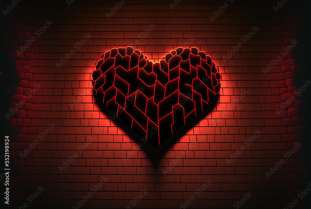 Large red flashing heart on the wall of a club with dark lighting; artificially created using a neur