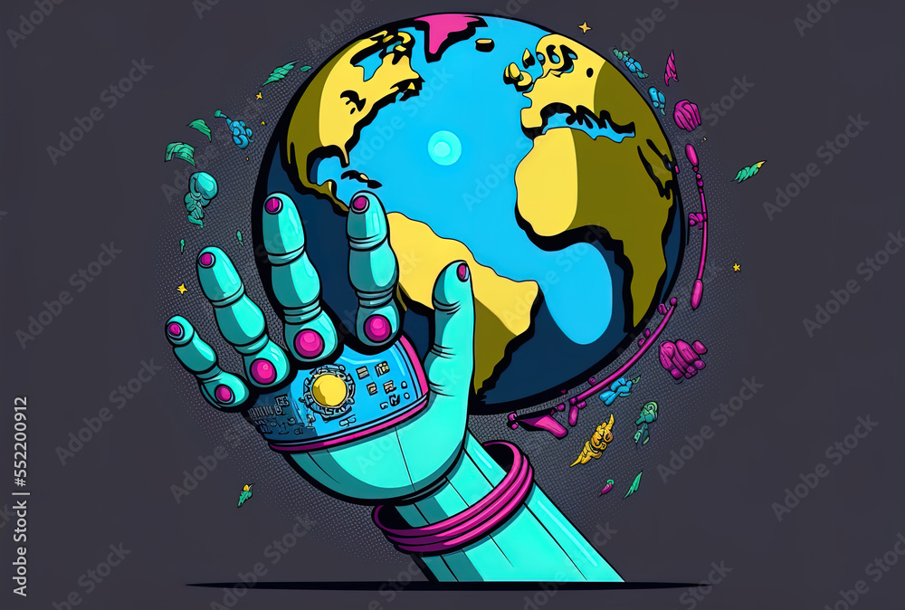 cartoon style robot hand motions holding the world ball for presentations and ads. Generative AI