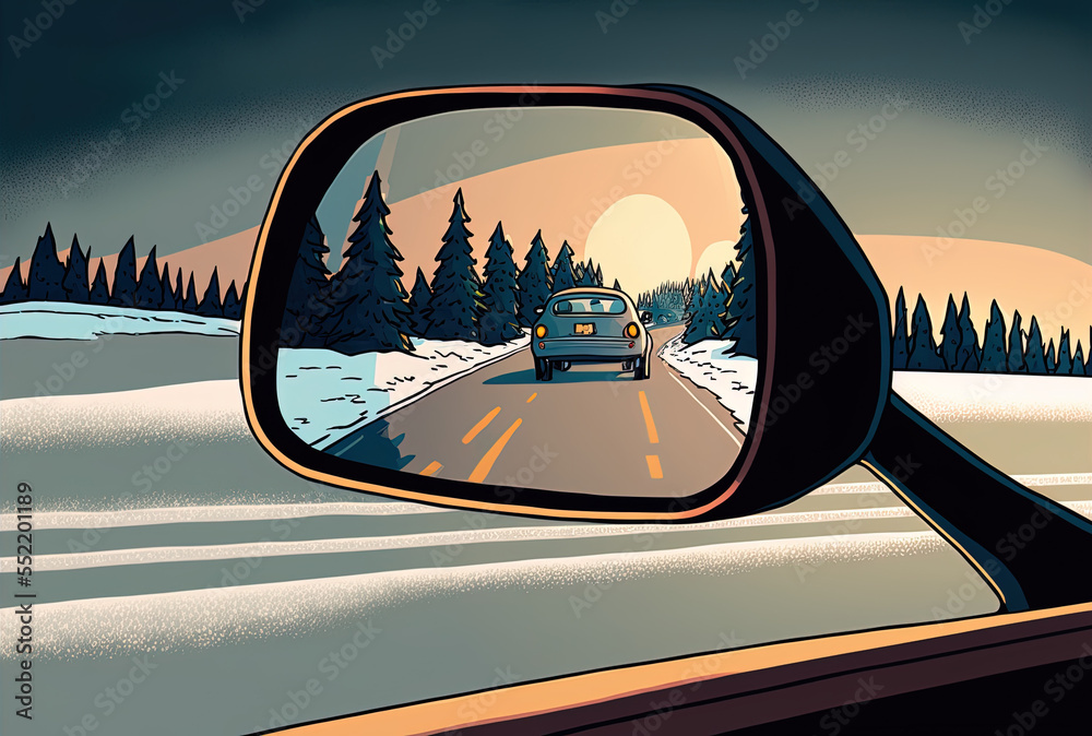 a car mirror on a wintertime road trip. Generative AI