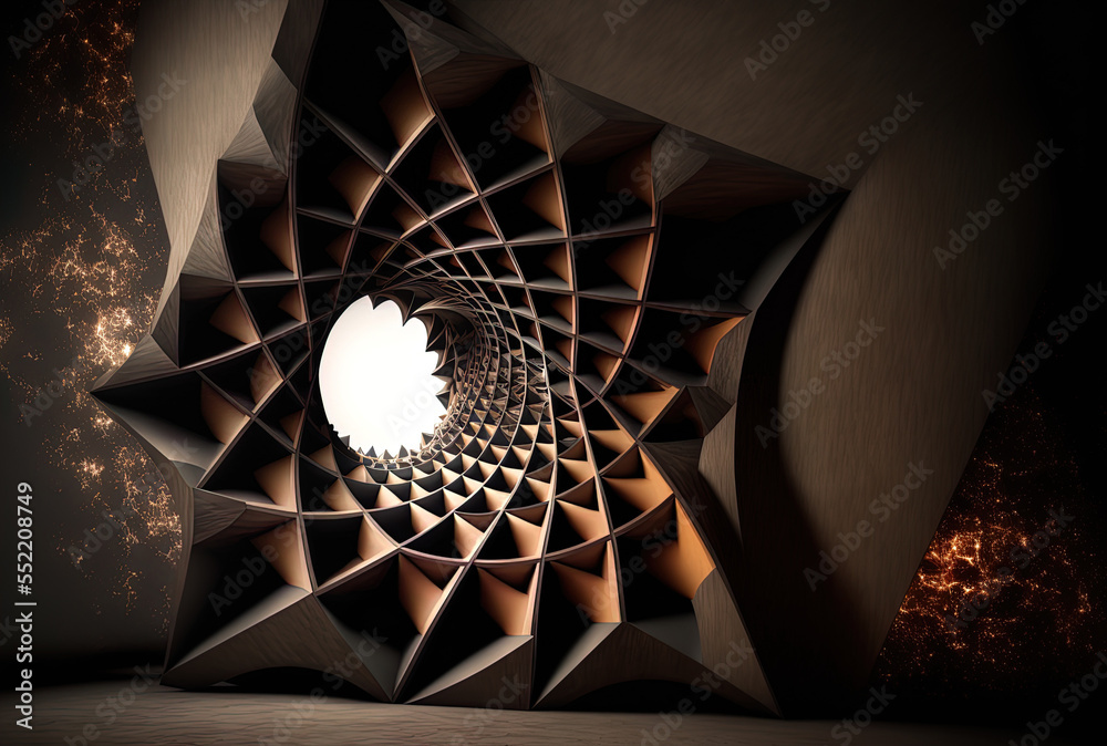 Star shaped structure built inside an abstract dark, twisting tunnel. Generative AI