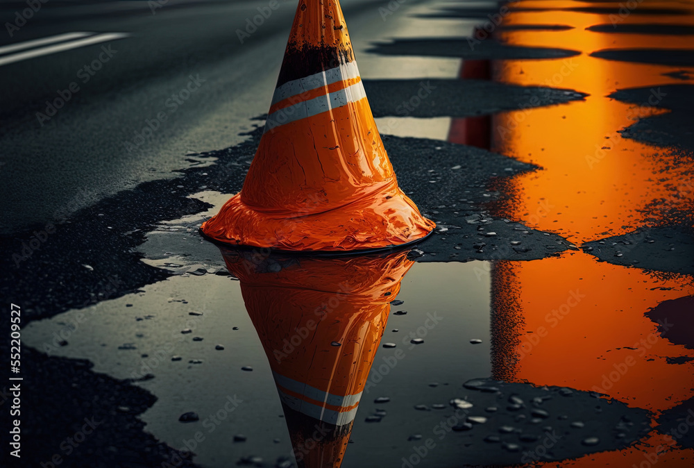 Detailed image of an orange traffic cone on the hallways side as it is reflected in a puddle. Gener