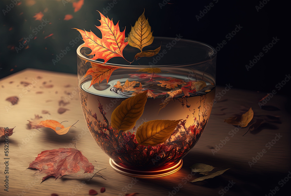 autumn leaves in a cup of tea. Generative AI