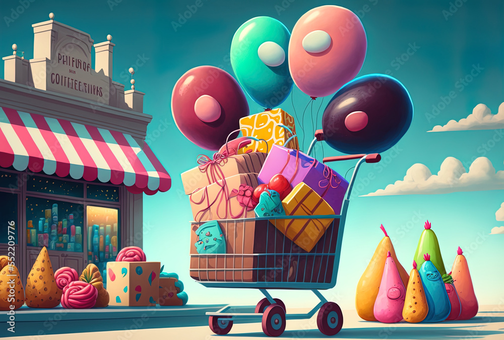 shopping bags, macaroons, and gift boxes alongside grocery carts. Generative AI