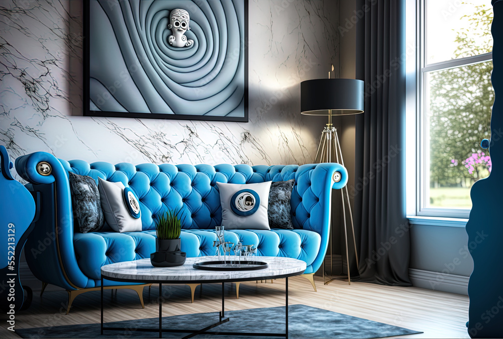 Blue sofa, coffee table, and work table are all featured in a contemporary living room with a marble