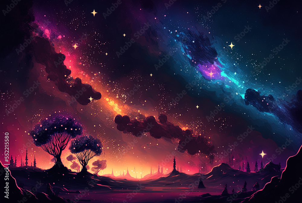 a vivid night sky filled with stars, nebula, and galaxies. Generative AI