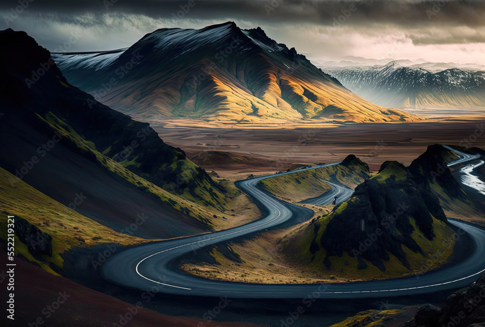 Beautiful view of Icelands renowned ring road in the midst of the countrys hilly landscape. Genera